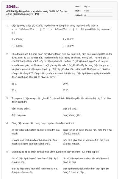 400 Bài tập Dòng điện xoay chiều trong đề thi thử Đại học có lời giải (không chuyên - P9)