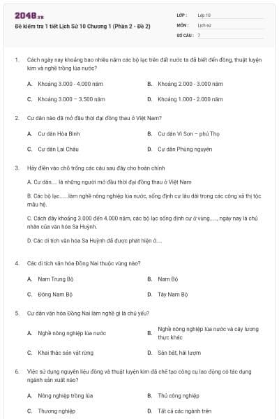 Đề kiểm tra 1 tiết Lịch Sử 10 Chương 1 (Phần 2 - Đề 2)