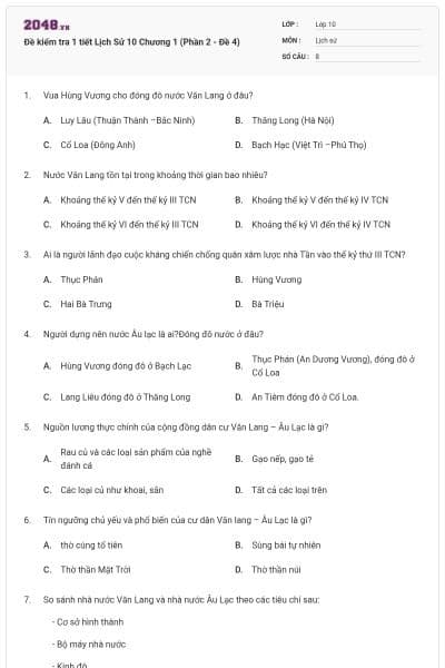Đề kiểm tra 1 tiết Lịch Sử 10 Chương 1 (Phần 2 - Đề 4)