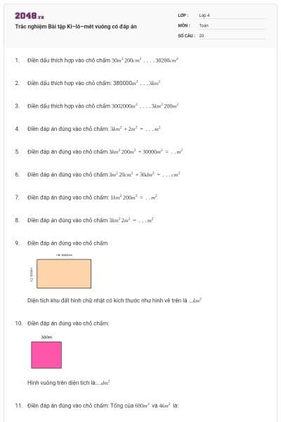 Trắc nghiệm Bài tập Ki–lô–mét vuông có đáp án
