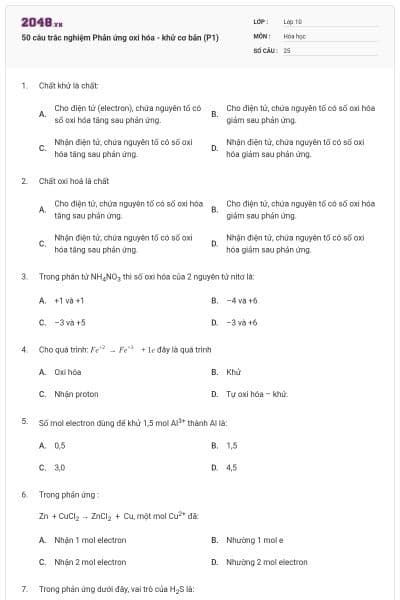 50 câu trắc nghiệm Phản ứng oxi hóa - khử cơ bản (P1)