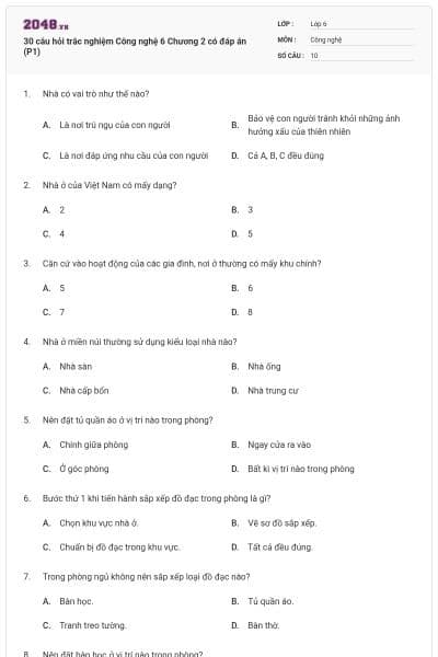 30 câu hỏi trắc nghiệm Công nghệ 6 Chương 2 có đáp án (P1)