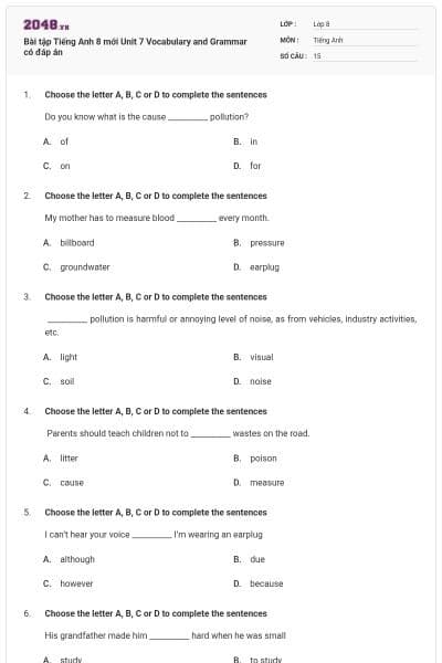Bài tập Tiếng Anh 8 mới Unit 7 Vocabulary and Grammar có đáp án