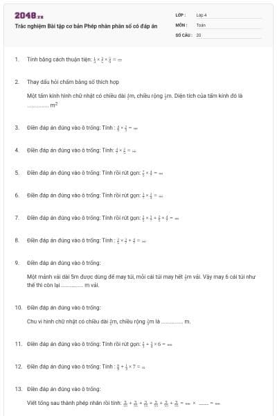 Trắc nghiệm Bài tập cơ bản Phép nhân phân số có đáp án