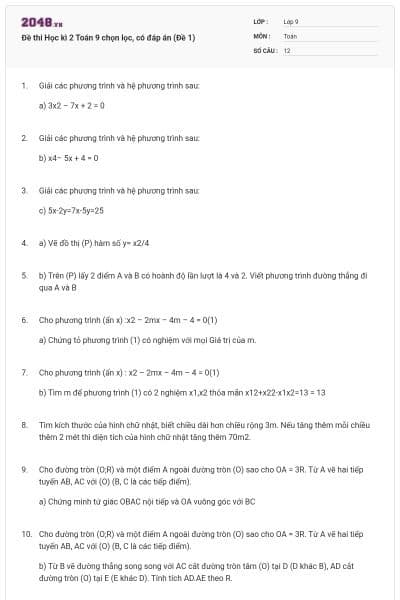 Đề thi Học kì 2 Toán 9 chọn lọc, có đáp án (Đề 1)