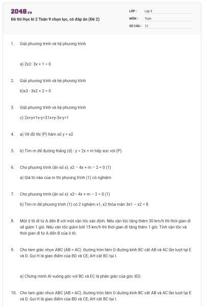 Đề thi Học kì 2 Toán 9 chọn lọc, có đáp án (Đề 2)