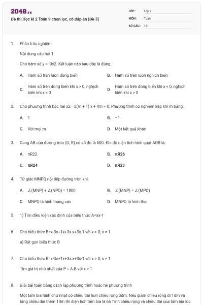 Đề thi Học kì 2 Toán 9 chọn lọc, có đáp án (Đề 3)