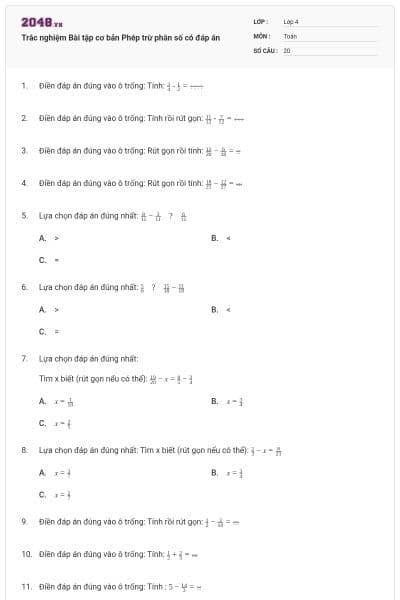 Trắc nghiệm Bài tập cơ bản Phép trừ phân số có đáp án