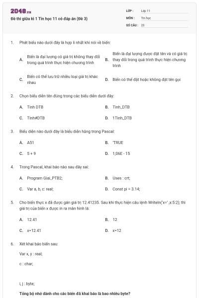 Đề thi giữa kì 1 Tin học 11 có đáp án (Đề 3)