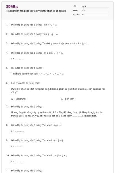 Trắc nghiệm nâng cao Bài tập Phép trừ phân số có đáp án