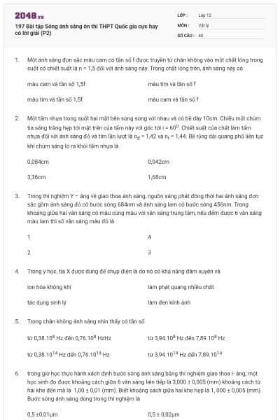 197 Bài tập Sóng ánh sáng ôn thi THPT Quốc gia cực hay có lời giải (P2)