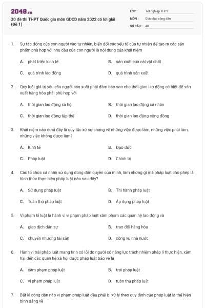 30 đề thi THPT Quốc gia môn GDCD năm 2022 có lời giải (Đề 1)