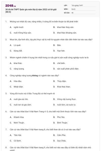 30 đề thi THPT Quốc gia môn Địa lý năm 2022 có lời giải (Đề 6)