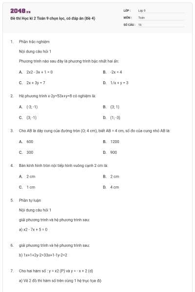 Đề thi Học kì 2 Toán 9 chọn lọc, có đáp án (Đề 4)