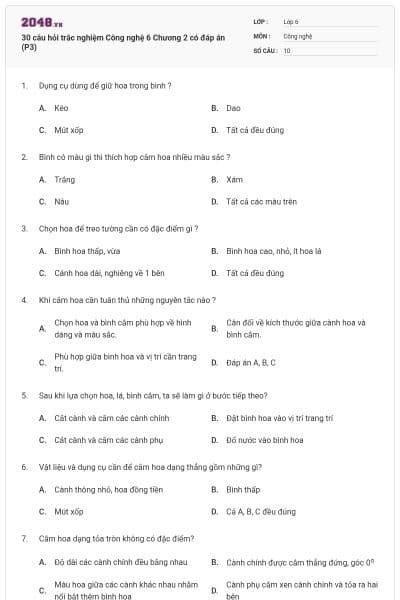 30 câu hỏi trắc nghiệm Công nghệ 6 Chương 2 có đáp án (P3)