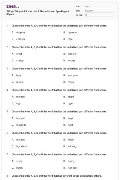 Bài tập Tiếng Anh 8 mới Unit 9 Phonetics and Speaking có đáp án