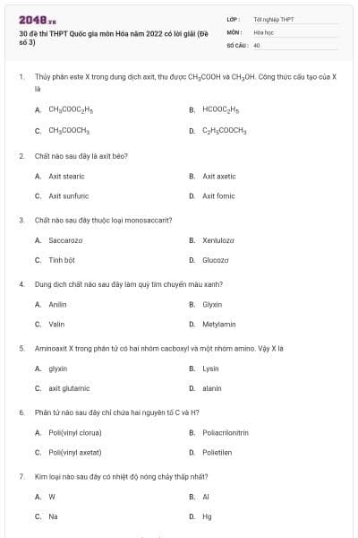 30 đề thi THPT Quốc gia môn Hóa năm 2022 có lời giải (Đề số 3)