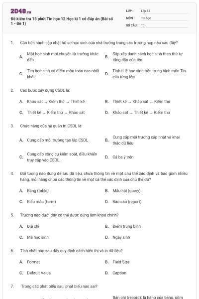 Đề kiểm tra 15 phút Tin học 12 Học kì 1 có đáp án (Bài số 1 - Đề 1)