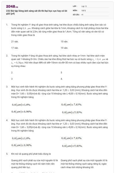 232 Bài tập Sóng ánh sáng sát đề thi Đại học cực hay có lời giải (p4)
