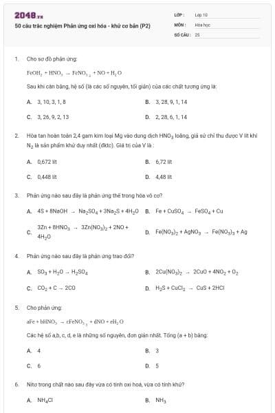 50 câu trắc nghiệm Phản ứng oxi hóa - khử cơ bản (P2)