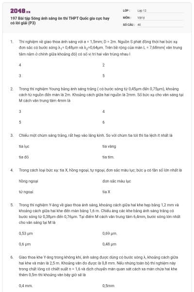 197 Bài tập Sóng ánh sáng ôn thi THPT Quốc gia cực hay có lời giải (P3)