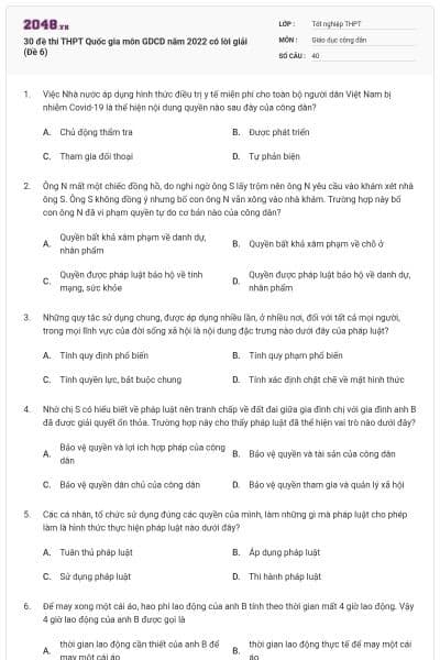 30 đề thi THPT Quốc gia môn GDCD năm 2022 có lời giải (Đề 6)