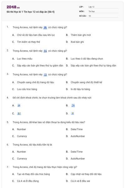 Đề thi Học kì 1 Tin học 12 có đáp án (Đề 4)