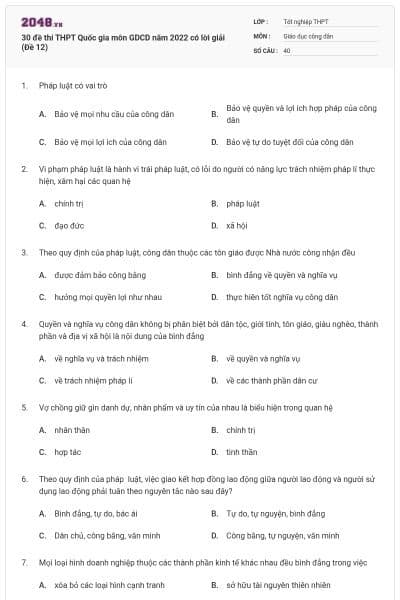30 đề thi THPT Quốc gia môn GDCD năm 2022 có lời giải (Đề 12)