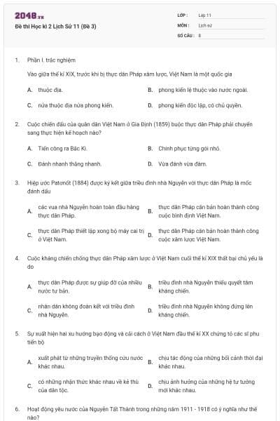 Đề thi Học kì 2 Lịch Sử 11 (Đề 3)