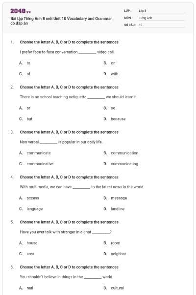Bài tập Tiếng Anh 8 mới Unit 10 Vocabulary and Grammar có đáp án