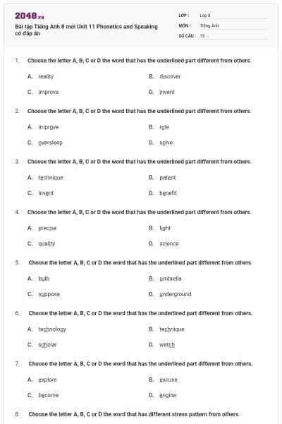 Bài tập Tiếng Anh 8 mới Unit 11 Phonetics and Speaking có đáp án