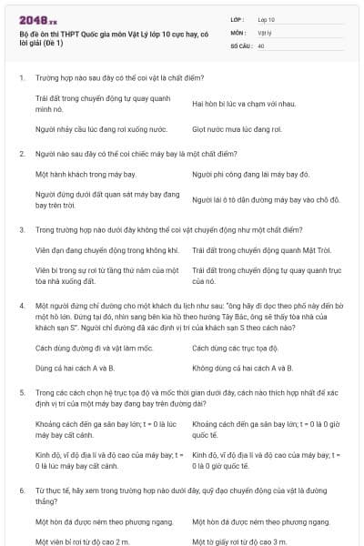 Bộ đề ôn thi THPT Quốc gia môn Vật Lý lớp 10 cực hay, có lời giải (Đề 1)