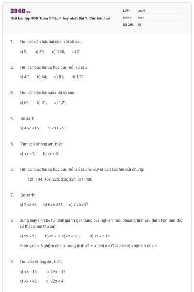 Giải bài tập SGK Toán 9 Tập 1 hay nhất Bài 1: Căn bậc hai