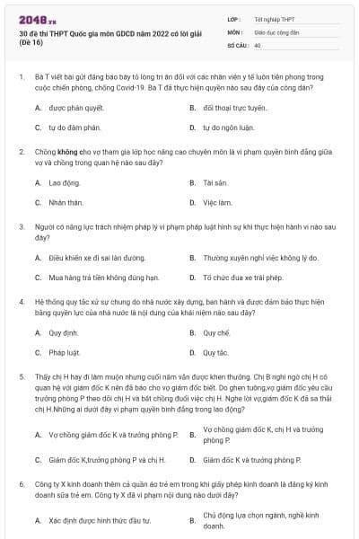 30 đề thi THPT Quốc gia môn GDCD năm 2022 có lời giải (Đề 16)