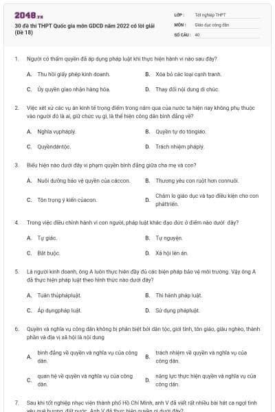 30 đề thi THPT Quốc gia môn GDCD năm 2022 có lời giải (Đề 18)