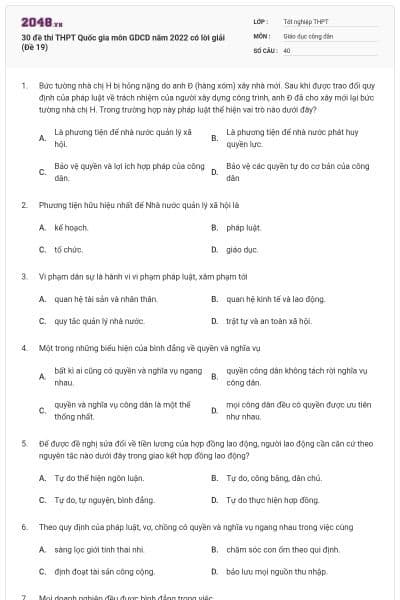 30 đề thi THPT Quốc gia môn GDCD năm 2022 có lời giải (Đề 19)