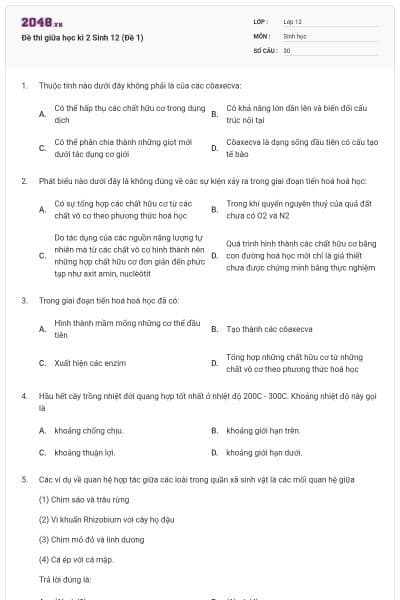 Đề thi giữa học kì 2 Sinh 12 (Đề 1)