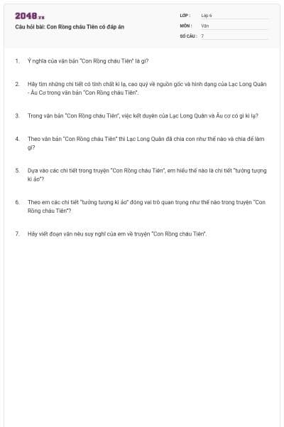 Câu hỏi bài: Con Rồng cháu Tiên có đáp án