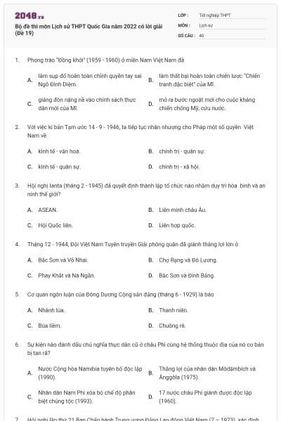 Bộ đề thi môn Lịch sử THPT Quốc Gia năm 2022 có lời giải (Đề 19)