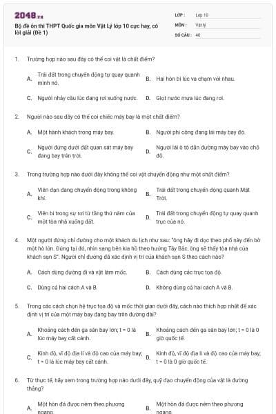 Bộ đề ôn thi THPT Quốc gia môn Vật Lý lớp 10 cực hay, có lời giải (Đề 1)