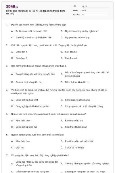 Đề thi giữa kì 2 Địa Lí 10 (Đề 4) (có đáp án và thang điểm chi tiết)