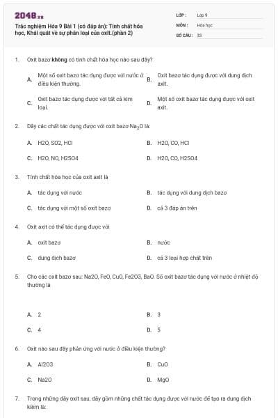 Trắc nghiệm Hóa 9 Bài 1 (có đáp án): Tính chất hóa học, Khái quát về sự phân loại của oxit.(phần 2)