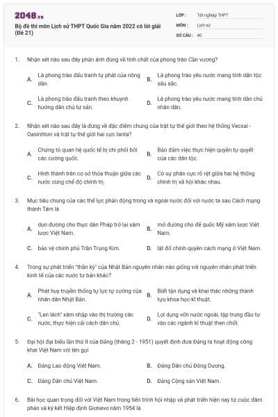 Bộ đề thi môn Lịch sử THPT Quốc Gia năm 2022 có lời giải (Đề 21)