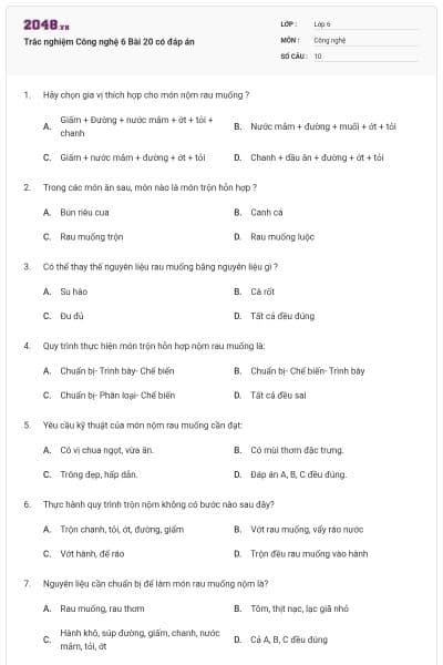 Trắc nghiệm Công nghệ 6 Bài 20 có đáp án
