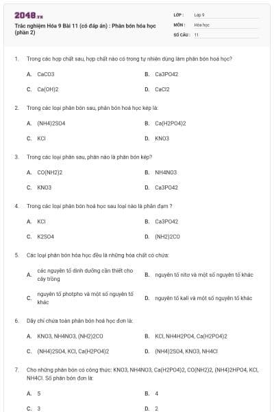 Trắc nghiệm Hóa 9 Bài 11 (có đáp án) : Phân bón hóa học (phần 2)