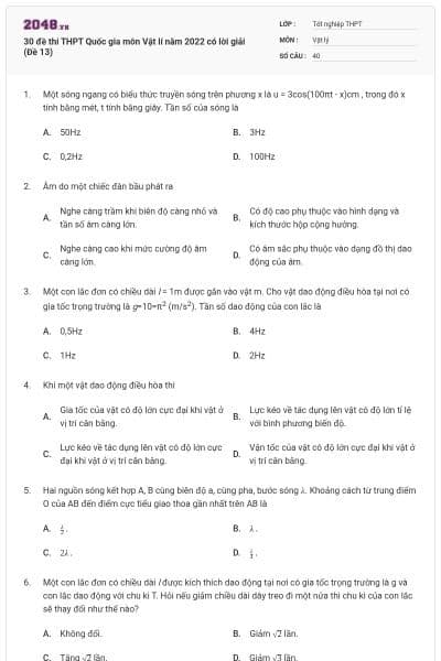 30 đề thi THPT Quốc gia môn Vật lí năm 2022 có lời giải (Đề 13)