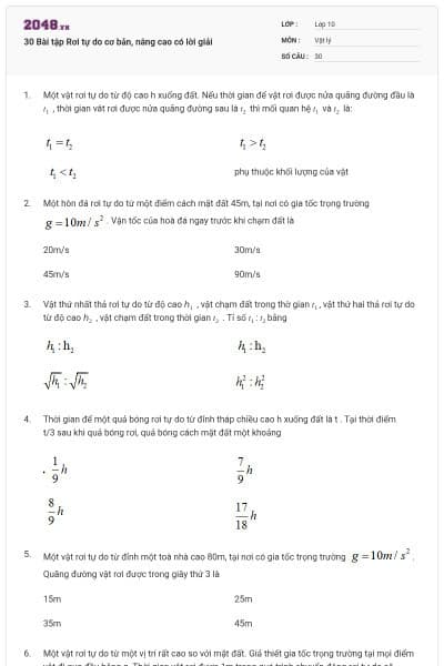 30 Bài tập Rơi tự do cơ bản, nâng cao có lời giải