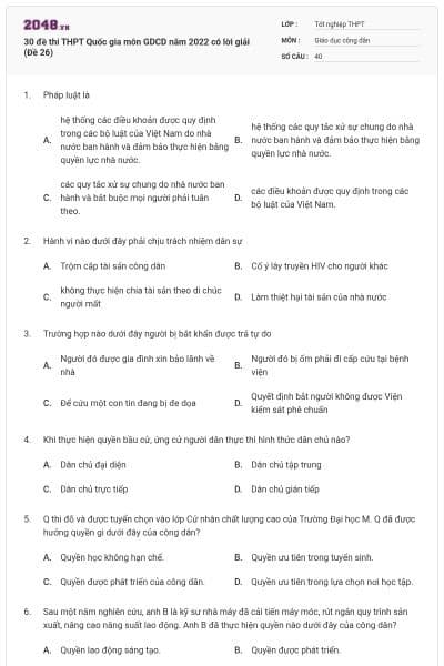 30 đề thi THPT Quốc gia môn GDCD năm 2022 có lời giải (Đề 26)