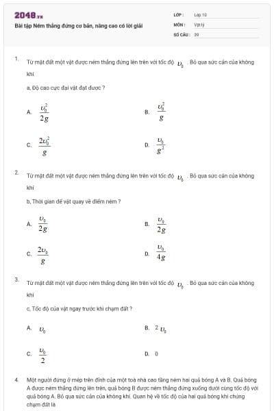 Bài tập Ném thẳng đứng cơ bản, nâng cao có lời giải