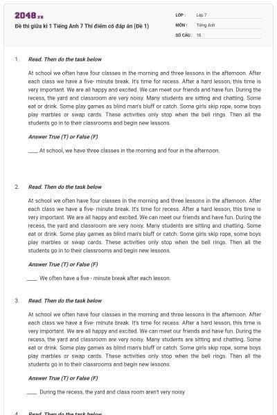 Đề thi giữa kì 1 Tiếng Anh 7 Thí điểm có đáp án (Đề 1)